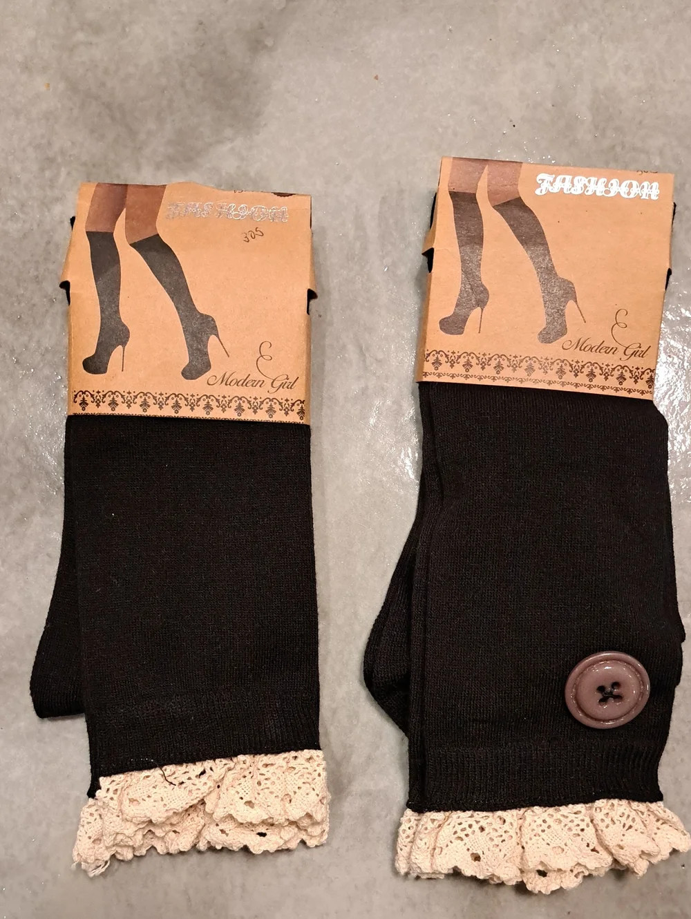 Nwt 2 Pairs Of Black W/Creme Crochet Trimmed High Socks. 1 Pr W/large Buttons
